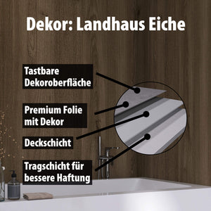 Wallando Duschrückplatten - Schichten erklärt - Landhaus Eiche